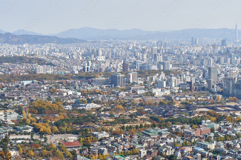 Aerial panorama of the Gyeongbokgung palace in Seoul in South Korea.