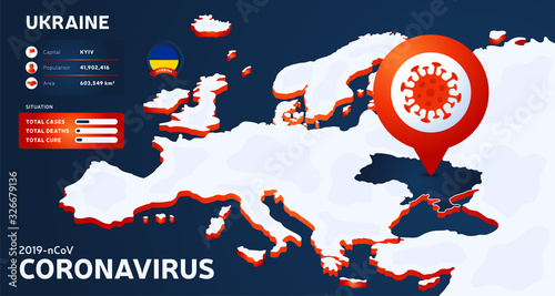 Isometric map of Europe with highlighted country Ukraine vector illustration. coronavirus statistics. 2019-nCoV Dangerous chinese ncov corona virus. infographic and country info