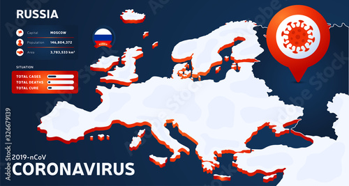 Isometric map of Europe with highlighted country Russia vector illustration. coronavirus statistics. 2019-nCoV Dangerous chinese ncov corona virus. infographic and country info
