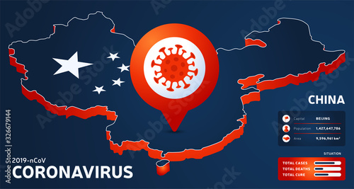 Isometric map of China with highlighted country vector illustration. coronavirus statistics. 2019-nCoV Dangerous chinese ncov corona virus. infographic and country info