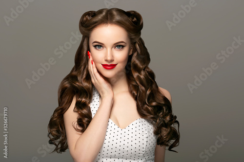 retro woman beautiful hair red lips manicure nails fashion female