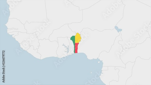 Benin map highlighted in Benin flag colors and pin of country capital Porto-Novo.