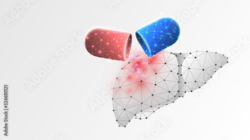 Human Liver medicaments in a capsule. Treatment with a pill, hepatitis vaccine concept. Low poly, wireframe 3d vector illustration. Abstract, polygonal image on white origami background