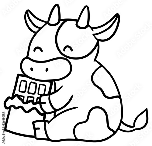 チョコレートを持った笑顔の牛のイラスト