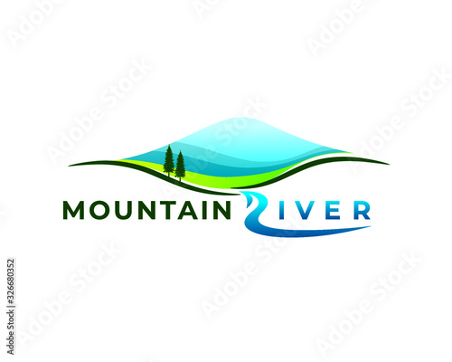 blue mountain hills meadow and river natural landscape scenery as wordmark  letter R