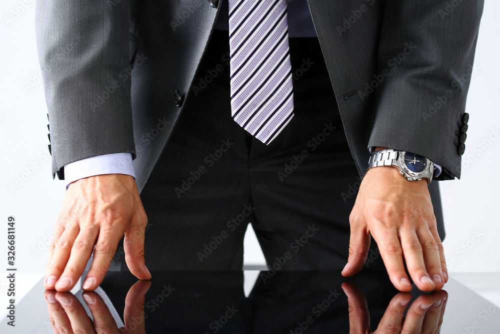 Obraz premium Empty arms of man in suit and tie closeup. White collar, banker time, watch, wristwatch, patience, make decision, strong control, head of the board council concept
