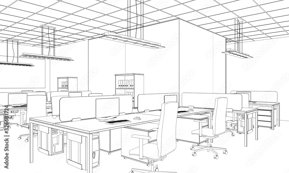 office contour visualization, 3D illustration, sketch, outline
