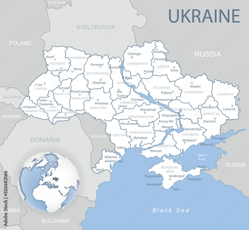 Blue-gray detailed map of Ukraine and administrative divisions and location on the globe. Vector illustration