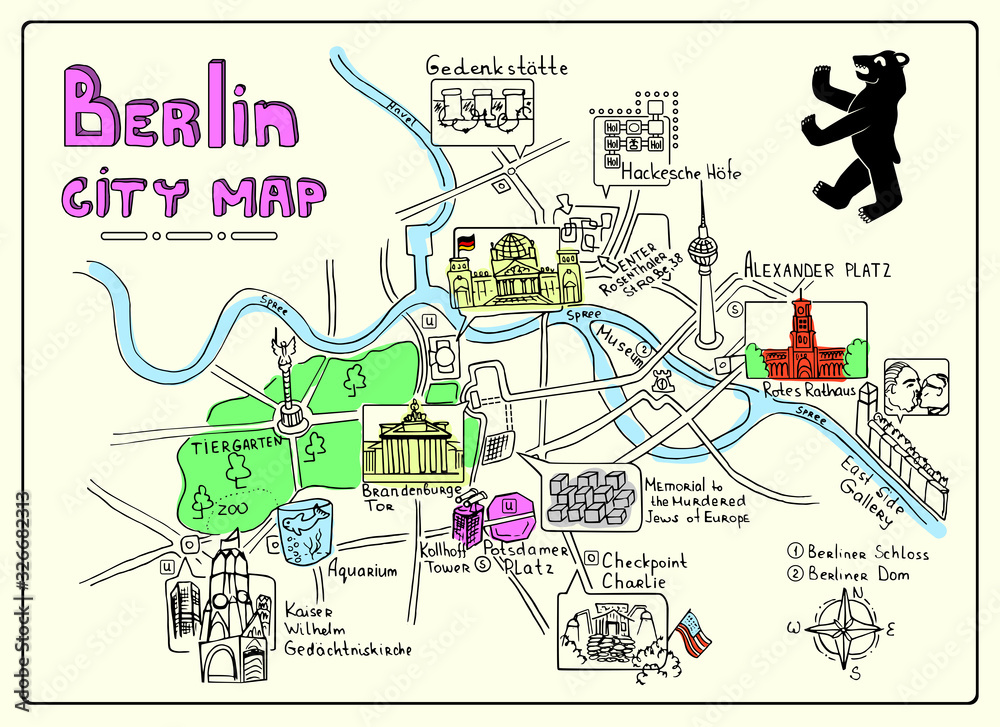 Illustrated map of Berlin, Germany. Doodle sketch map. Illustrations of