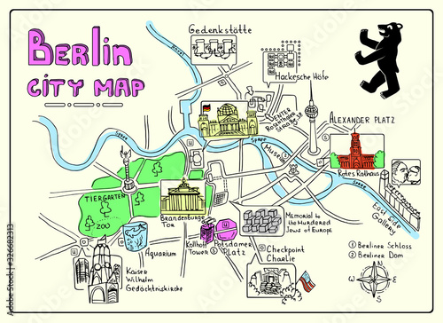 Illustrated map of Berlin, Germany. Doodle sketch map. Illustrations of attractions. Vector color illustration with various symbols of Germany. Travel and leisure. Design for banner, poster or print.