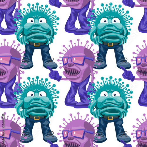 Seamless cartoon virus character pattern on white background. Vector image