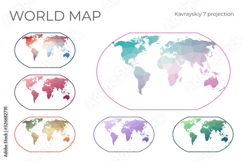 Low Poly World Map Set. Kavrayskiy VII pseudocylindrical projection. Collection of the world maps in geometric style. Vector illustration.