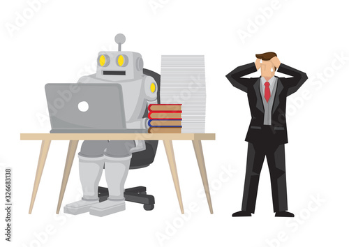 Robot taken over office worker by doing his job. Depicts automation, future job market and artificial intelligence.