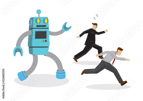 Illustration of robot chasing away office workers.