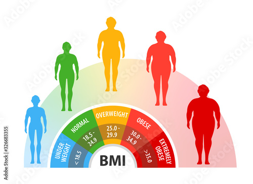 Body mass index. Weight loss. Body with different weight. Man with different obesity degrees. Vector illustration.