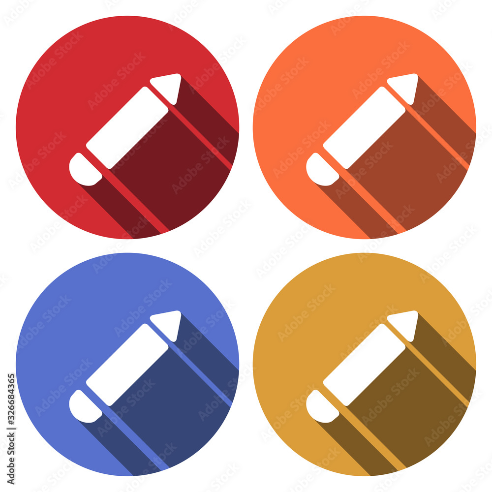 White Pen icon isolated with long shadow. Colours circle button. Vector Illustration