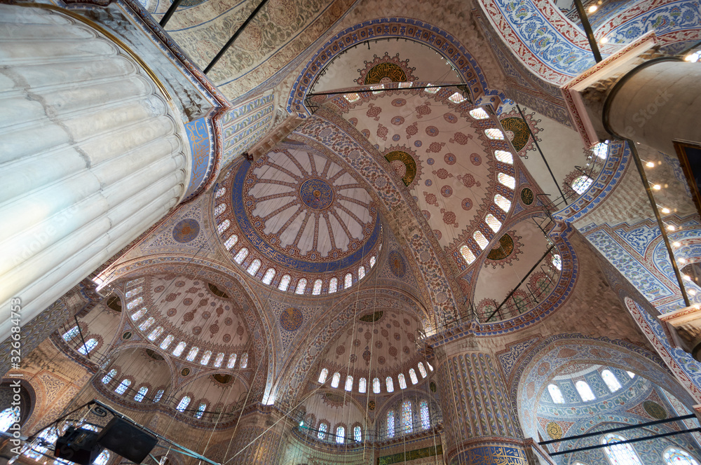 Interior of the Sultanahmet Blue Mosque in Istanbul, Turkey.
