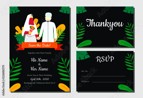 Set of Islamic wedding invitation template with groom and bride muslim illustration and tropical leaves. spring and summer leaves
