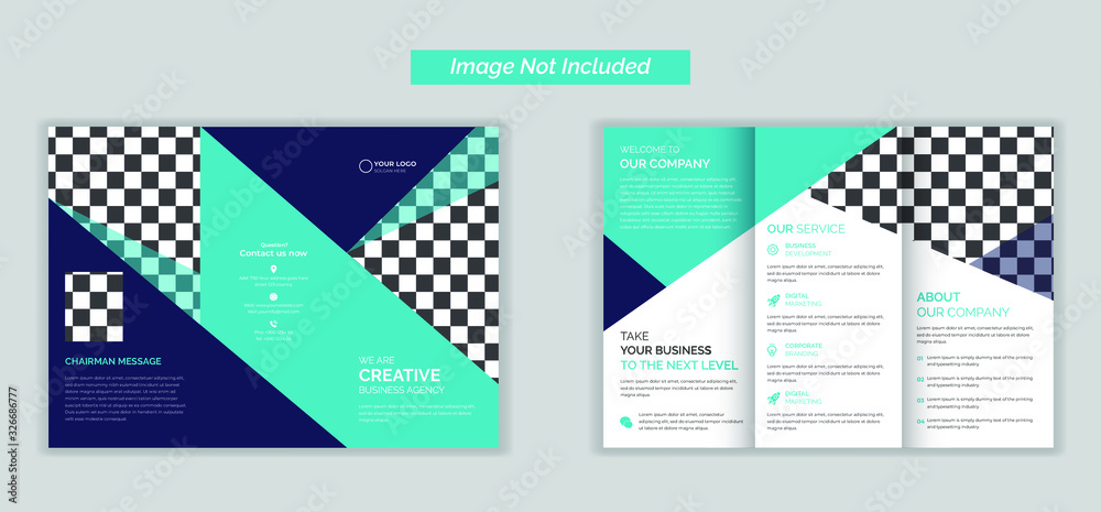 Vector triple folding brochure for business and advertising. The template is white with a red hexagon and a place for photos. Design for printing and advertising.