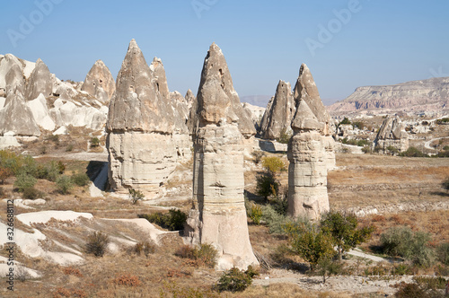 Landscape with a weird conus rocks in Cappadocia, Anatolia, Turkey.