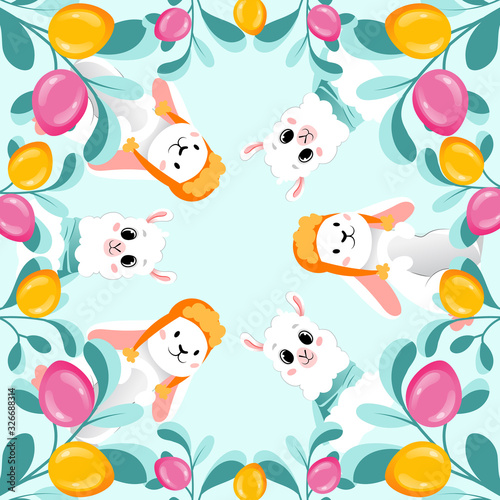 Fototapeta Naklejka Na Ścianę i Meble -  Template Of Happy Easter Postcard. Paschal Eggs Ornament, Smiling Lambs And Rabbits With Easter Ornate On the Mint Tones Background. Happy Easter Best Wishes. Cartoon Flat Style. Vector illustration