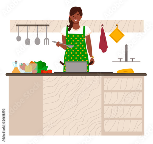 Woman stand by table in kitchen. Lady boil soup in pan. Kitchenware and vegetables on desk. Ingredients for meal like cabbage and pepper, tomato and oil. Vector illustration of cooking in flat style
