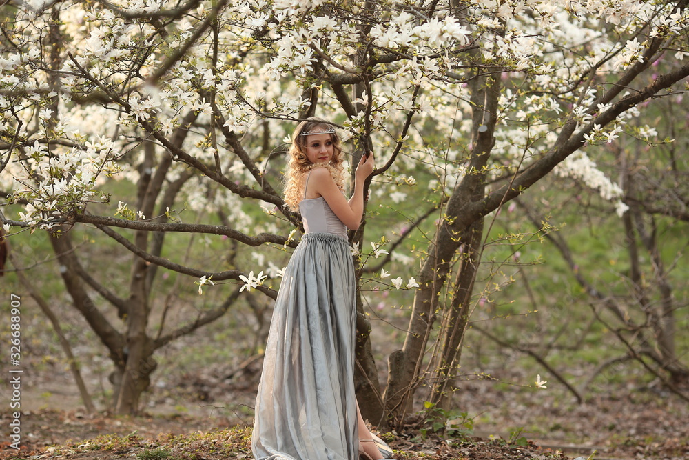 young beautiful blonde in a silver dress with a train in the spring garden, where white magnolia blooms young beautiful blonde in a silver dress with a train in the spring garden, where white magnolia blooms