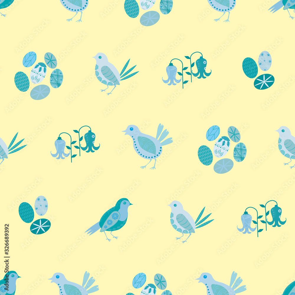 Easter chick seamless vector pattern background. Decorated folk art bird,egg, bluebell illustration. Scandinavian style baby chickens and spring symbols backdrop. Christian lent celebration concept. Easter chick seamless vector pattern background. Decorated folk art bird,egg, bluebell illustration. Scandinavian style baby chickens and spring symbols backdrop. Christian lent celebration concept.