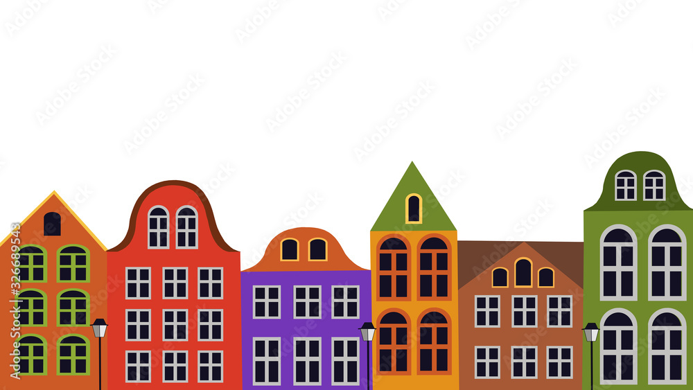 In Europe, there are many beautiful cities with colorful houses. For example, Amsterdam. These are popular backgrounds for designing billboards, posters, books and magazines.