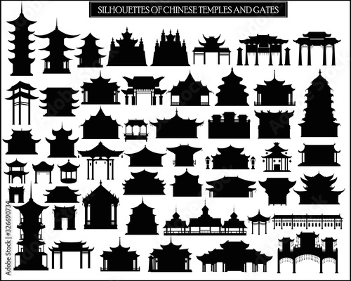Set of vector silhouettes of Chinese temples, gates and traditional buildings.