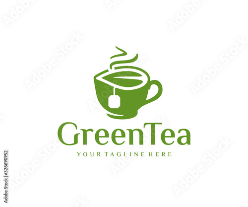 Cup of tea with leaf logo design. Teahouse vector design. Hot aroma tea with green leaves logotype