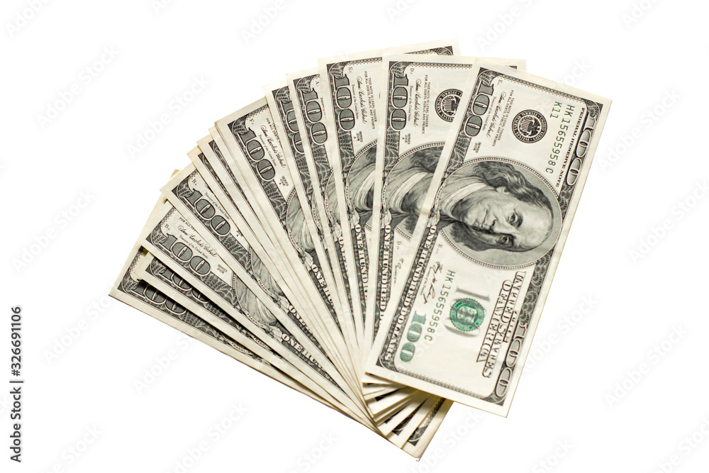 A stack of green 100 dollar bills on a white background isolated photo A stack of green 100 dollar bills on a white background isolated photo