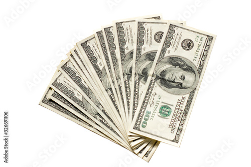 A stack of green 100 dollar bills on a white background isolated photo