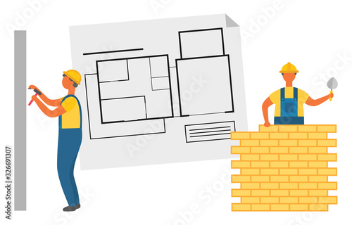 Builder with putty knife laying bricks, worker hammering pin into wall. Project of building house, construction zone and engineers, repair with tool vector