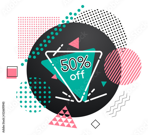 50 percent off sale, abstract geometric figures on round circle, waves lines and dots isolated label in memphis style. Vector illustration of advertisement tag, best offer half price discount