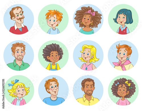 Avatar icons of happy people of different ages and nationalities. In cartoon style. Isolated on white background Vector illustration.