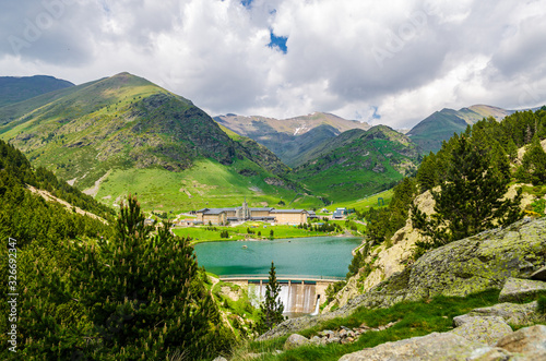 Lake in Vall de Nuria valley Sanctuary in the Catalan Pyrenees, Spain,Europe.