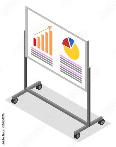 Presentation or report on whiteboard, isolated board with researches in visual form. Flowcharts and infocharts reflecting researches or status of company. Information and data analysis, isometric