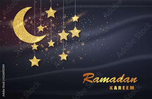 Ramadan Kareem. Gold moon and luxury islamic elements background