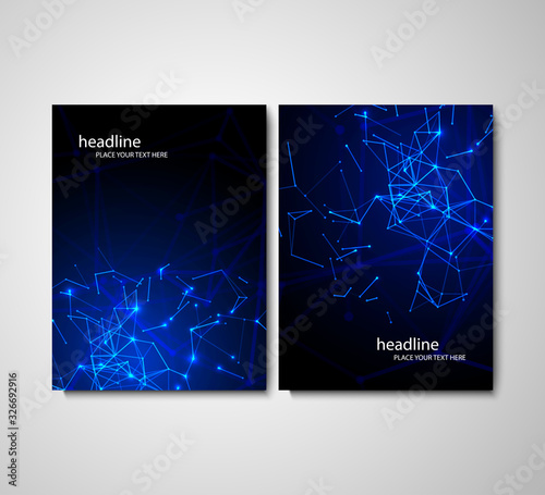 Modern vector templates for A4 brochure cover. Abstract geometric background with connected lines and dots ,molecule or atom . Business, science, medicine and technology design.