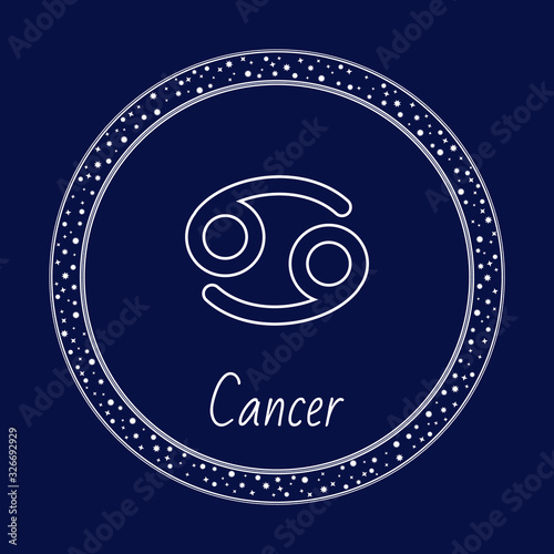 Cancer astrology zodiac sign isolated on blue in circle with stars. Vector illustration of fourth astrological sign in the Zodiac, originating from constellation of Cancer. Prediction of fortune