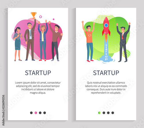 Startup vector, successful team of entrepreneurs, man and woman teamwork. Businessmen launching rocket in space, idea of workers, success. Website or slider app, landing page flat style