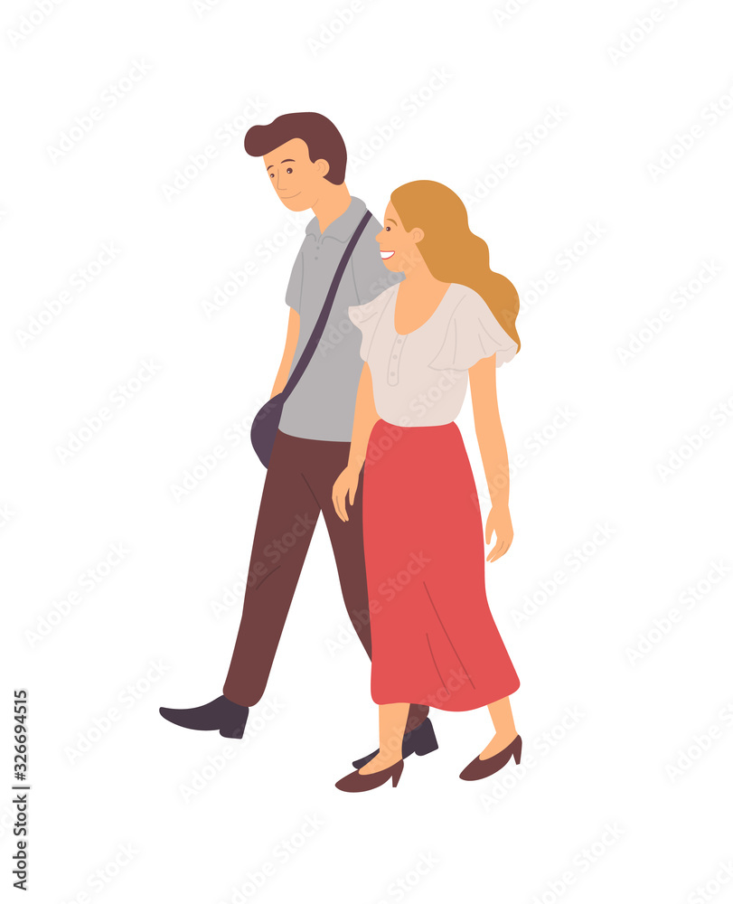 Couple walking together in pairs isolated cartoon characters. Vector guy with sack and blonde girl in long red skirt, dating man and woman on walk Couple walking together in pairs isolated cartoon characters. Vector guy with sack and blonde girl in long red skirt, dating man and woman on walk