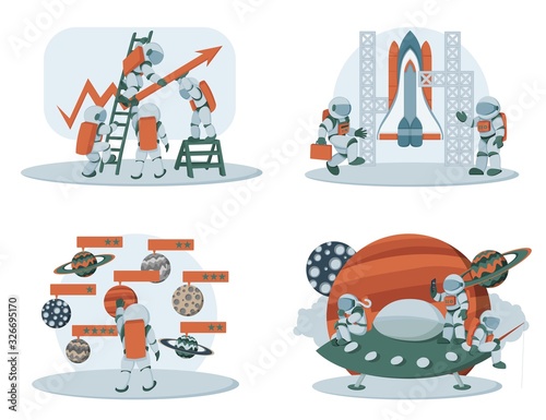 Flat spaceman cartoon vector illustrations for business design and infographic © Andrew