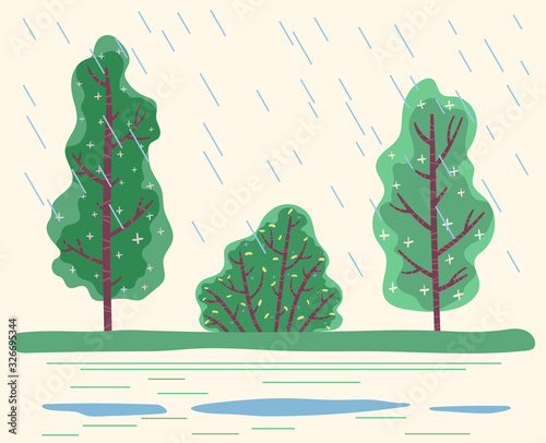 Rainfall in park with green trees. Raining bad weather with big raindrops and puddles on ground. Seasonal changes in temperature and level of moisture. Wet plants in forest, vector in flat style