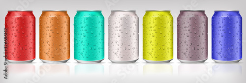 Aluminum Cans in colored with fresh water drops