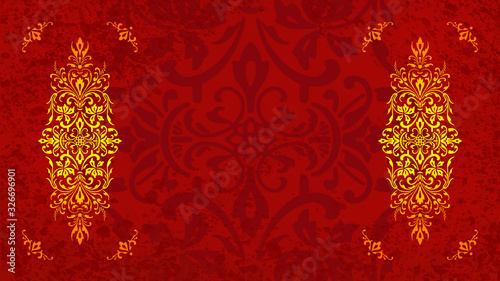 Fototapeta Jugendstil floral Ornament auf Hintergrund rot gold Textil Wand antik altes Papier Vorlage Layout Design Template Geschenk zeitlos schön alt barock edel rokoko elegant background 