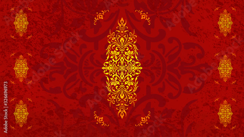 Fototapeta Jugendstil floral Ornament auf Hintergrund rot gold Textil Wand antik altes Papier Vorlage Layout Design Template Geschenk zeitlos schön alt barock edel rokoko elegant background 