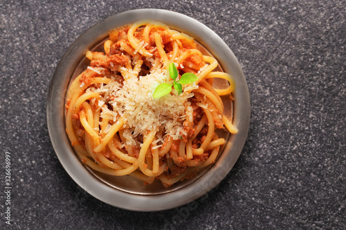 Pasta spaghetti with tomato sauce cheese, basil leaf