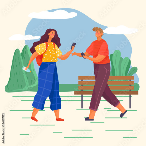 Teenagers spend leisure time together in park. People talking to each other. Boy and girl hold phones in hands. Landscape with greenery, trees and grass. Vector illustration of walking in flat style